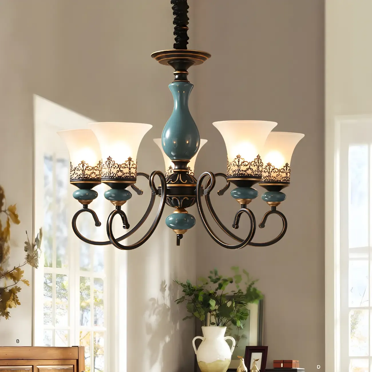 Classical Frosted Glass Blue Ceramic Up Chandelier