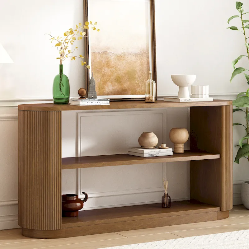 Modern Entryway Console Table with Open Shelves & Fluted Ash Wood Veneer Design