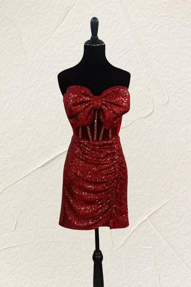 Burgundy - Bodycon Strapless Sequined Homecoming Dresses With Bow