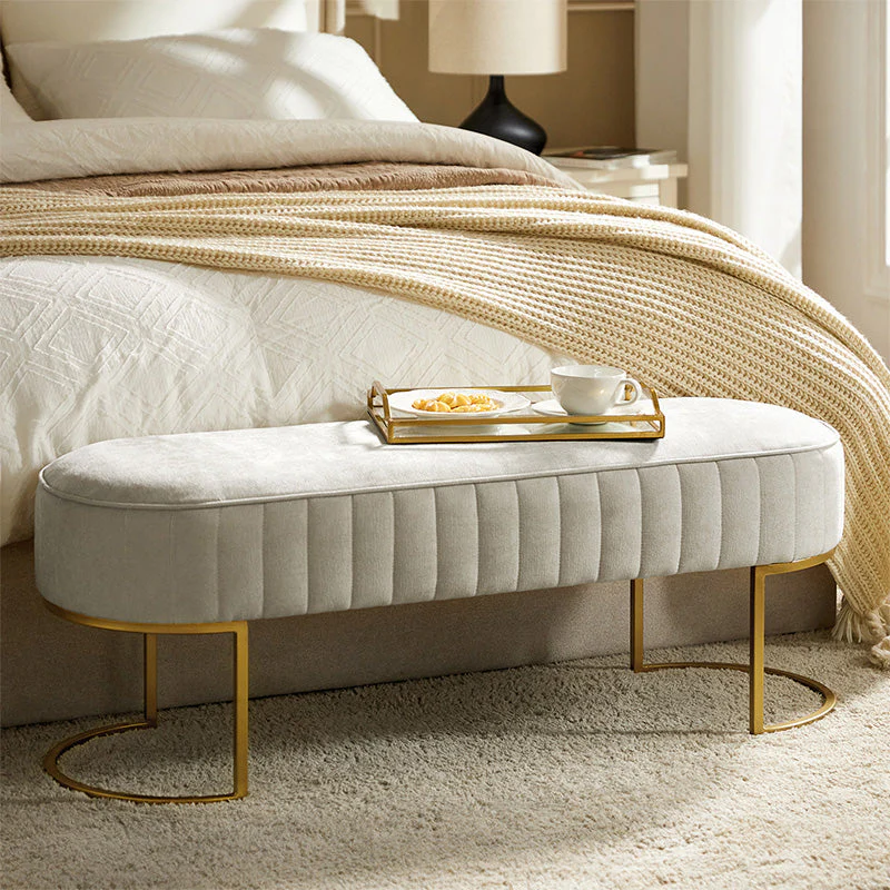 Channel-Tufted Upholstered Storage Bench with Foam Fill & Gold Metal Legs | Ivory / Grey / Beige | Single