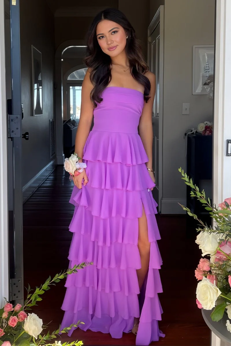 Purple Strapless A Line Chiffon Long Prom Dress With Ruffles