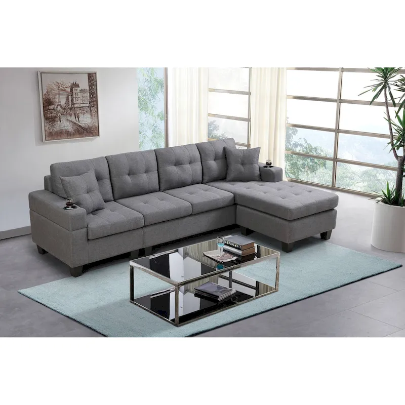 Grey / Black Polyester Fabric Sectional Sofa with Interchangeable Chaise & Cup Holders - Fits 3+ People