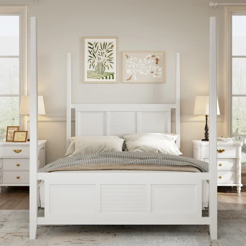 Queen Size Poster Bed, Traditional Wood Frame, Horizontal Grille Design, White