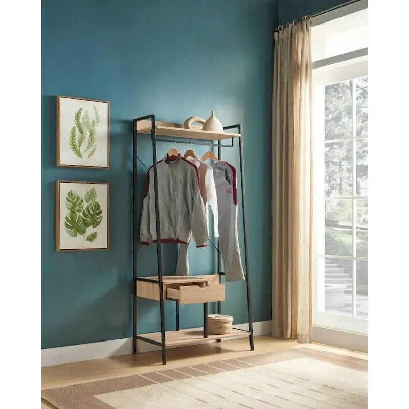 Metal Clothes Rack Open Wardrobe Free Standing with One Drawer Hanging Clothes Rod - Light Brown