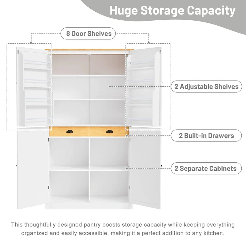 Freestanding Kitchen Pantry Cabinet with 2 Drawers, 2 Cabinets and Adjustable Shelves