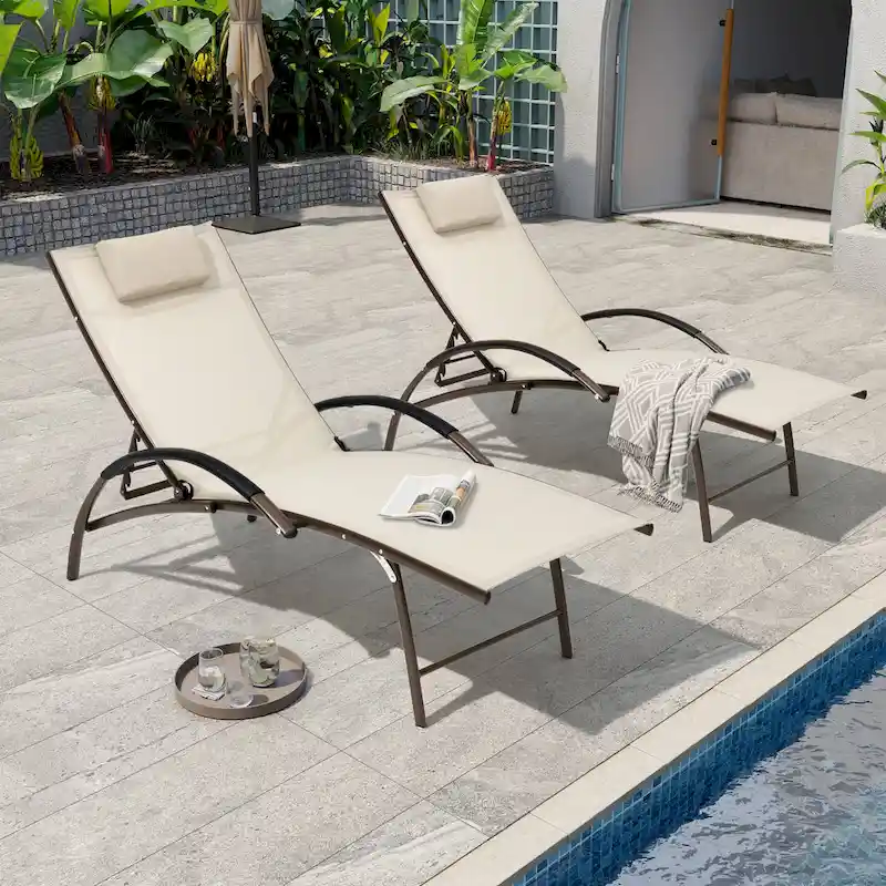 Pellebant 2PCS Outdoor Adjustable Patio Chaise Lounge with Headrest - N/A