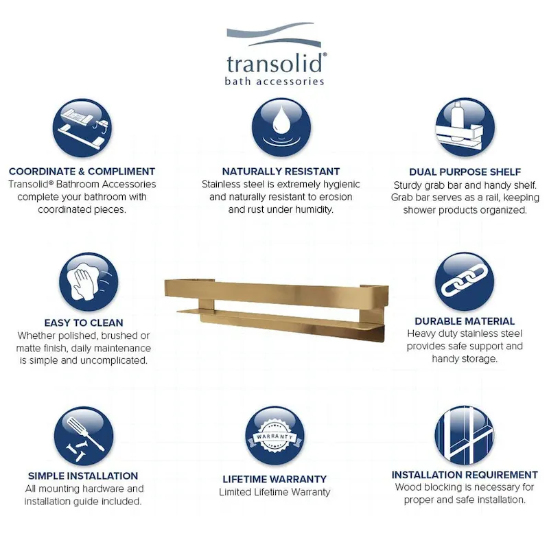 20-in Stainless Steel Grab Bar Shelf with Rail - Champagne Bronze / Polished Chrome / Brushed Stainless / Matte Black
