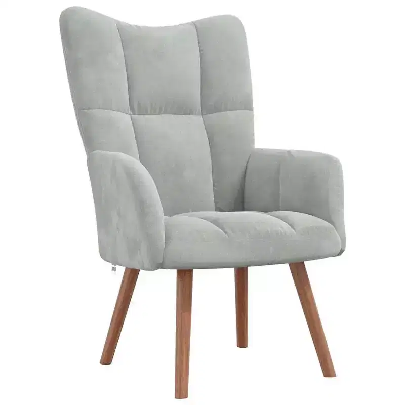 vidaXL Modern Light Grey Velvet Armchair with Wooden Legs, Thick Padded Foam Seat, Aesthetic Blocks on Backrest - Light Gray