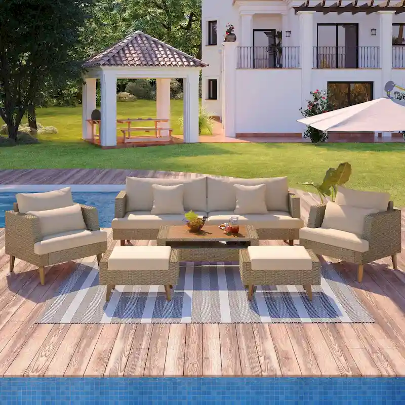 6-Piece PE Rattan Sofa Set with Cushions and Coffee Table