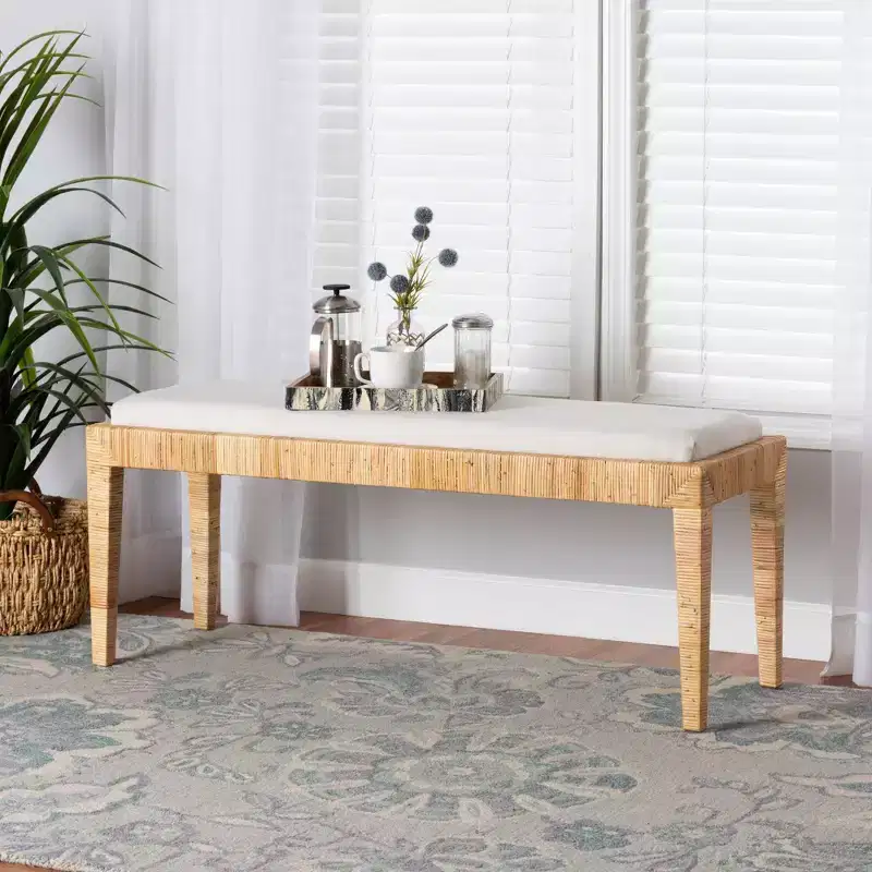 Sofia Rattan and Mahogany Wood Bench White/Natural Brown - Baxton Studio: Handmade, No Assembly Required