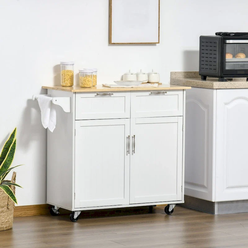41 Modern Rolling Kitchen Island on Wheels with Rubberwood Top