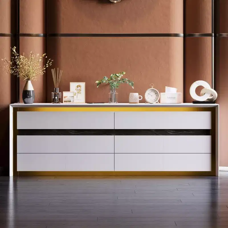 Famapy White Six Drawer Dressers Storage Cabinet Golden Inlaid Contemporary Style