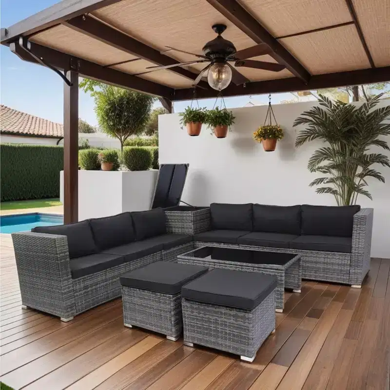 8 Piece Patio Sectional Furniture Sofa Set, Wicker Rattan Outdoor Conversation Sofa with Storage Box, for Balcony, Porch, Backyard, Deck
