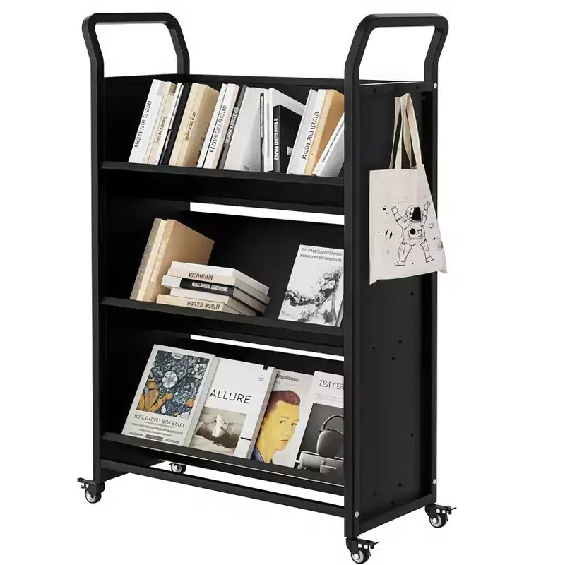 Metal Rolling Book Storage Cart, V-Shaped 3-Tier Display Shelf with Side Hooks & 4 Lockable Wheels - Black