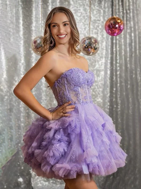 Lilac - Strapless A Line Ruffle Tulle Homecoming Dress With Appliques