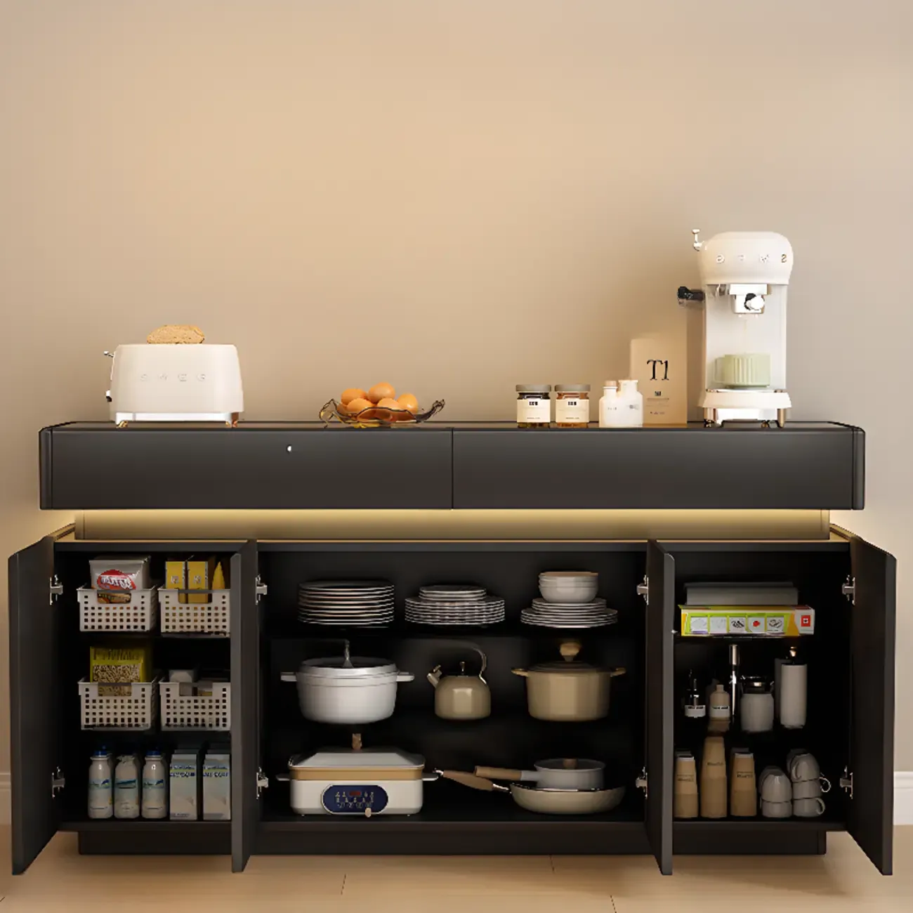 LED Light Wooden Glass Black Sideboard with Drawers Shelves