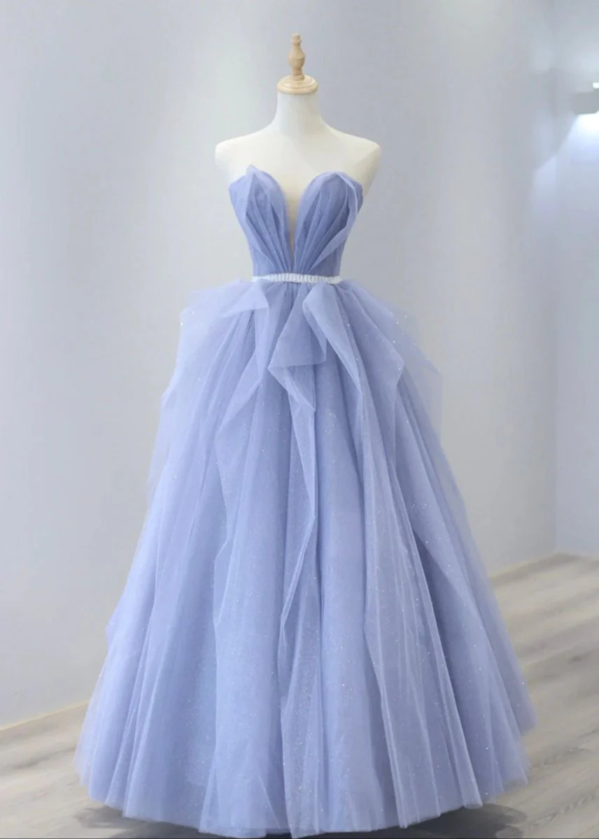 Blue Strapless Tulle Long Prom Dress, Lovely Sweetheart Neckline Evening Dress
