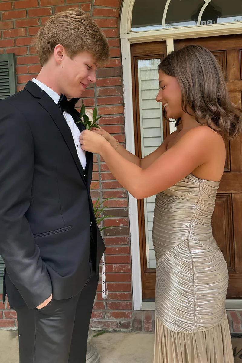 Champagne Mermaid Strapless Metallic Long Prom Dresses with Pleats