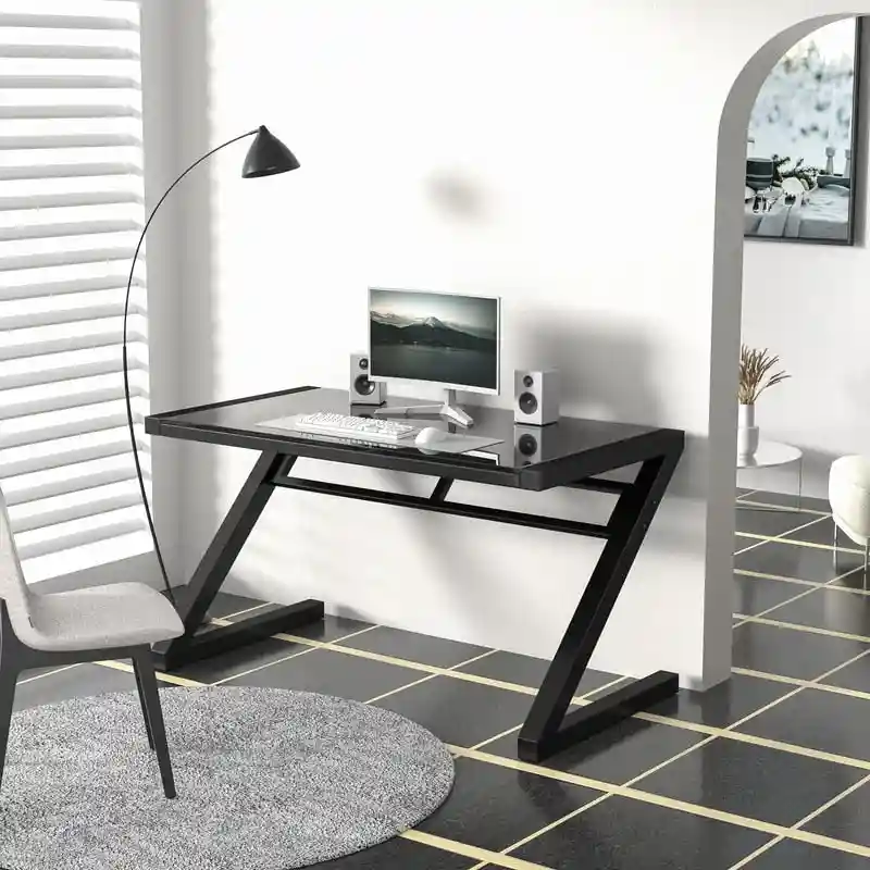 Professional Z-Leg Tempered Glass Gaming and Study Desk with Built-In USB Cable