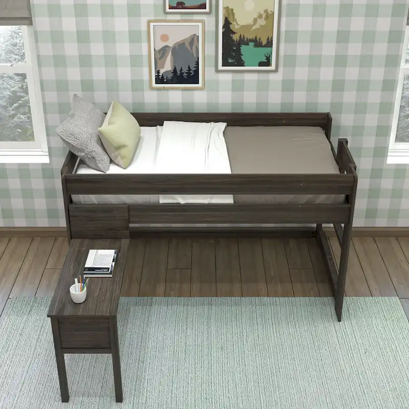 Modern Farmhouse Twin Low Loft Bed with Hook-On Desk – Solid Wood, 400 lb Capacity