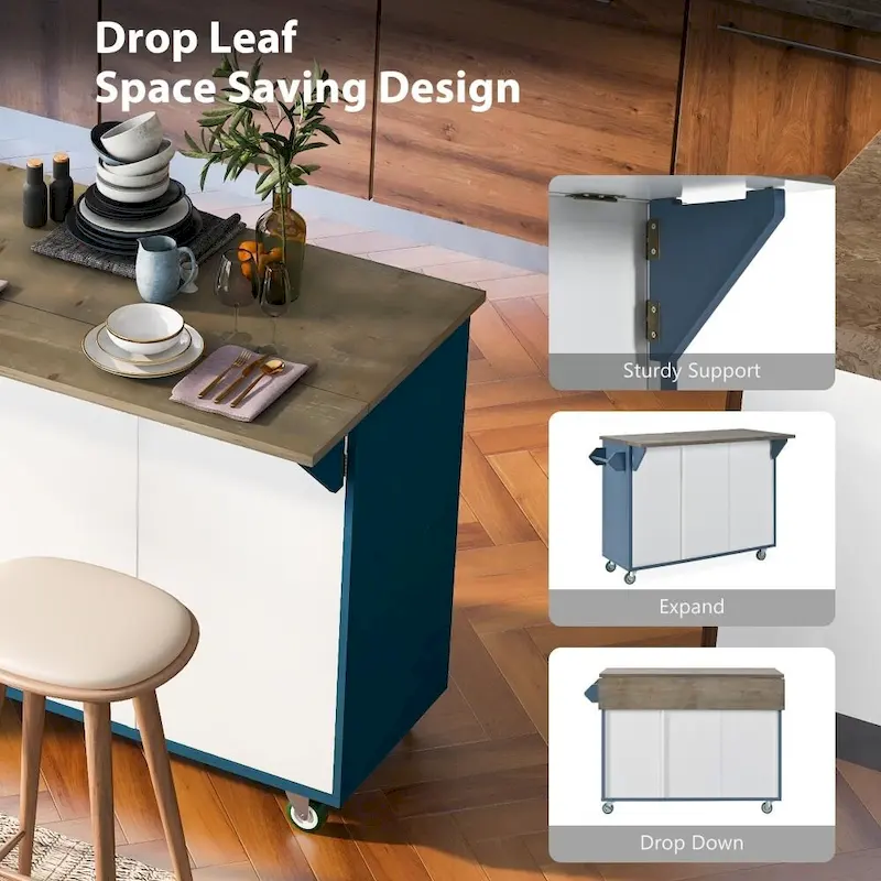 Retro MDF Kitchen Island on Wheels with Drop Leaf and Towel Rack