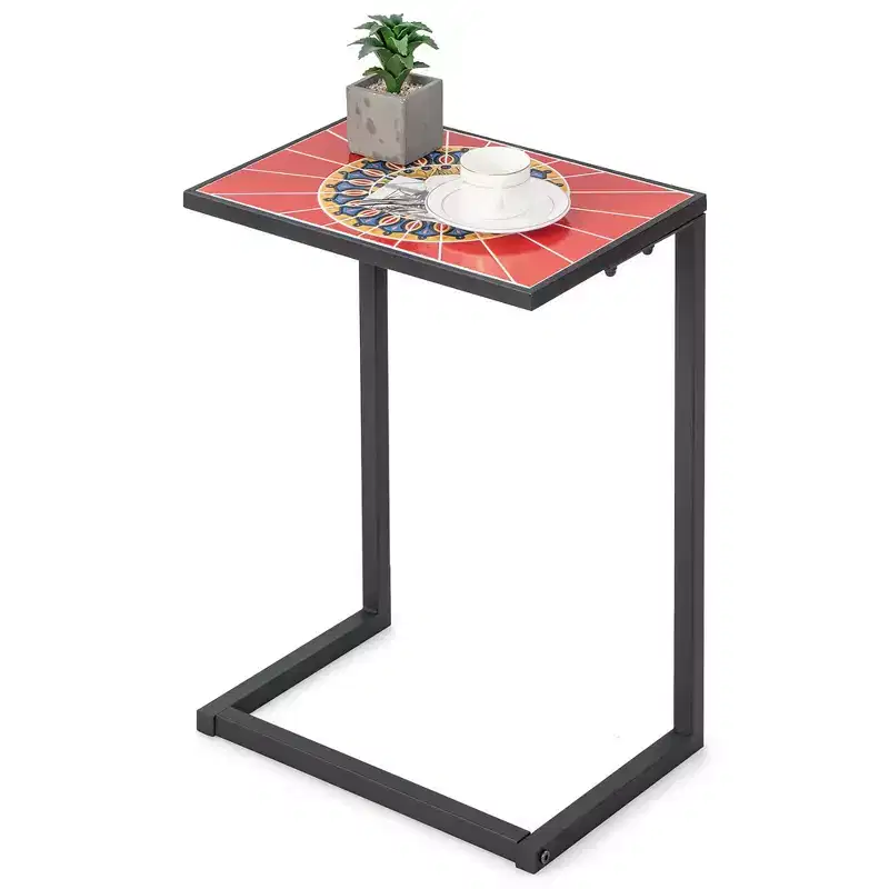 Costway C-shaped Side End Table w/ Ceramic Top for Patio Living Room Balcony