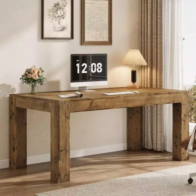 Lantine 63-Inch Solid Wood Executive Desk, Real Wooden Home Office Computer Desk, Farmhouse Writing Study Table for Home Office, Brown