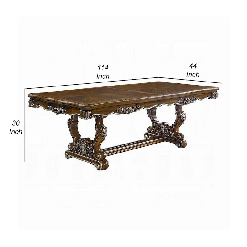 Maver Dining Table, Carved Silver Trim 90-114 Inch Classic Antique Oak