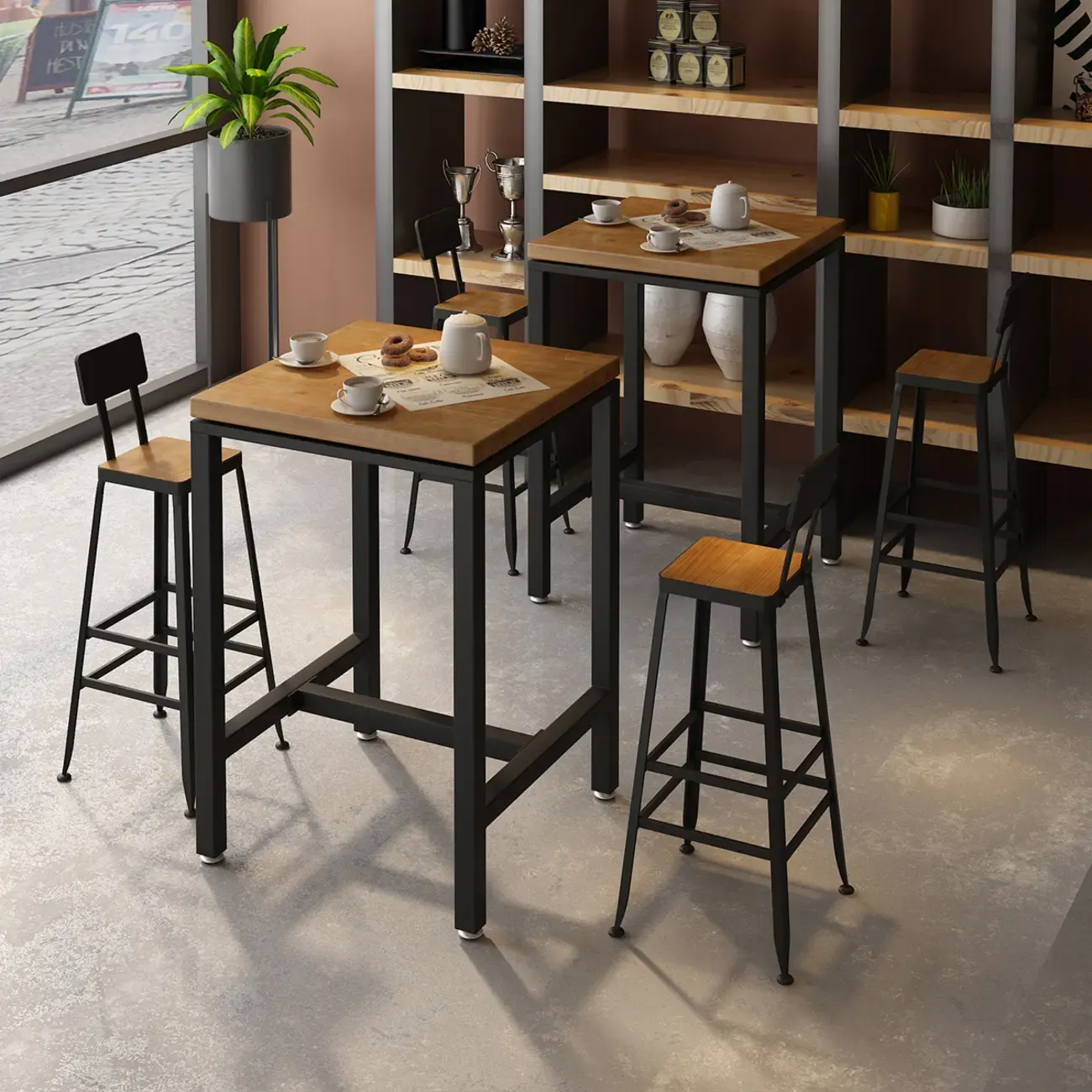Square Wooden Top Iron Footrest Bistro Table