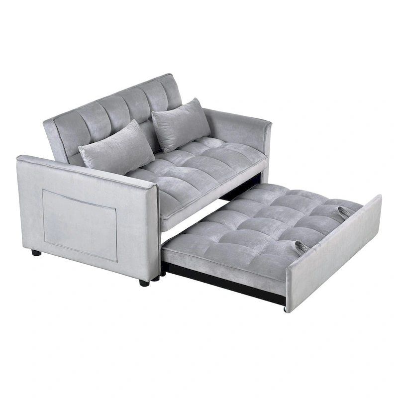 Modern Velvet Loveseat Futon Sofa Couch Pullout Bed, Small Love Seat Lounge Sofa w/Reclining Backrest, Toss Pillows, Pockets