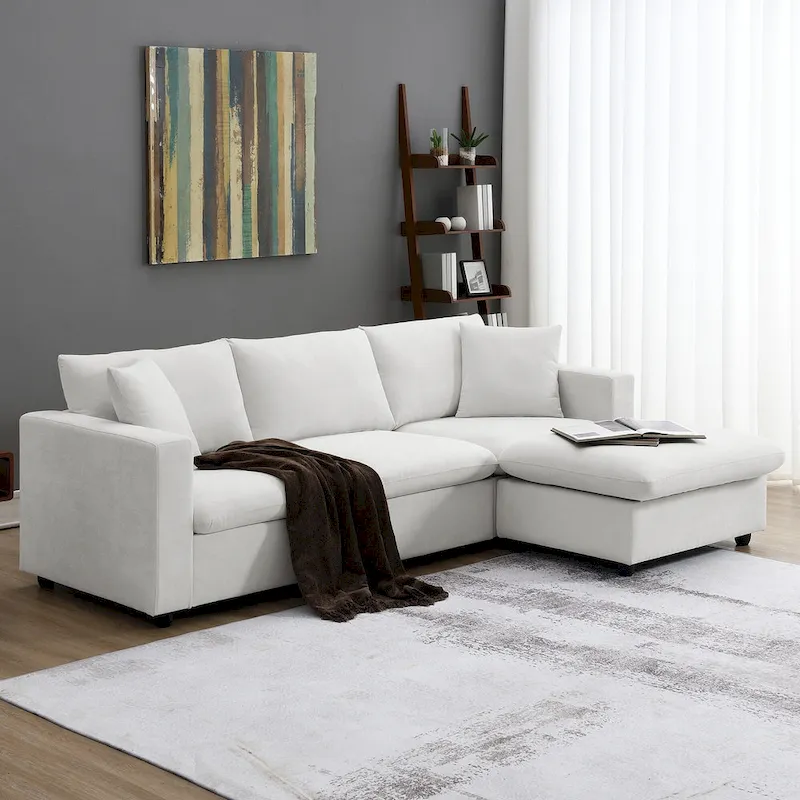 L-shaped Polyester Fabric Couch Set with 2 Free Pillows and Convertible Ottoman