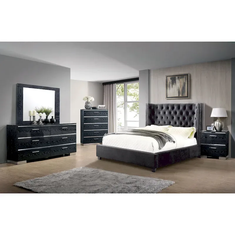 Tail Glam Grey Tufted Fabric Wingback Panel Bed