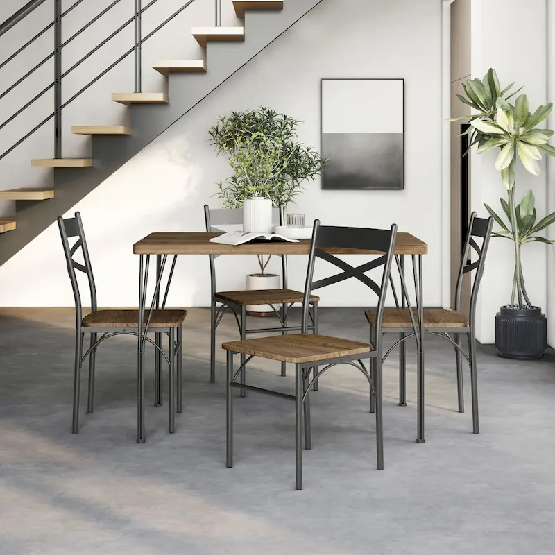 Industrial Metal Dining Table with 4 Chairs - Grey/Brown/Natural