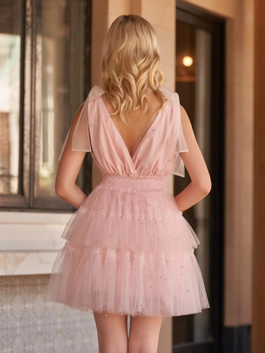 Blush Tulle A-Line Homecoming Dress with Pearls