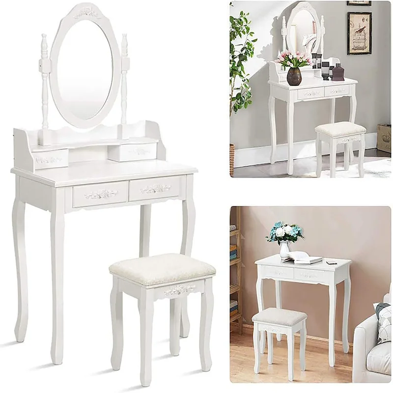 Dressing Table Set with Oval Mirror, Cushioned Stool and 4 Drawers