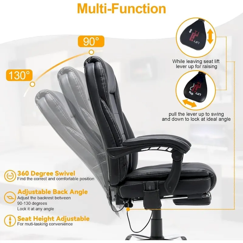 Ergonomic Heated Executive Office Chair with 2/4/6-Point Massage, Retractable Footrest, and PU Leather