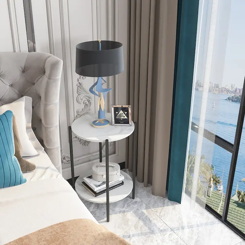 2-Tier Round Marble Side Table with Black Metal Frame