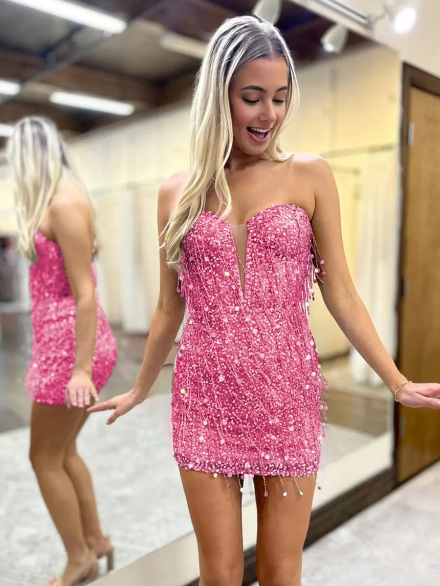 Pink - Sequins Sweetheart Tight Short Homecoming Dresses With Fringes