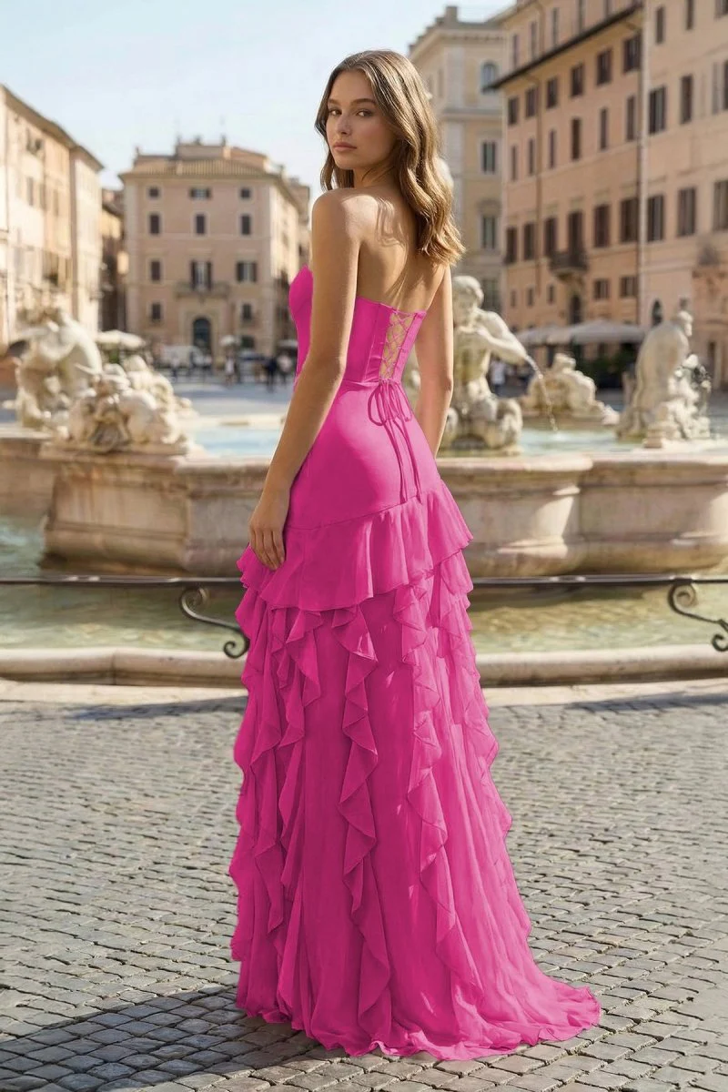 Pink Sheath Strapless Chiffon Long Prom Dresses With Ruffles