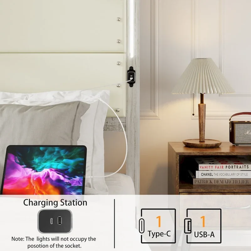 King Bed Frame with Headboard&Charging Station, 4 Drawers, LED Lights, Wood Slats, Faux Leather & Rivets, No Box Spring Needed