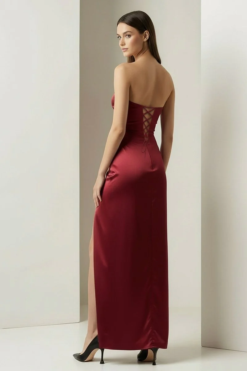 Burgundy Strapless Satin Sheath Long Formal Prom Dresses With Slit