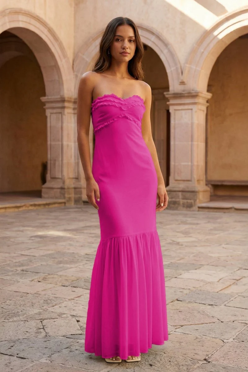 Yellow Strapless Sheath Chiffon Long Prom Dresses With Ruffles