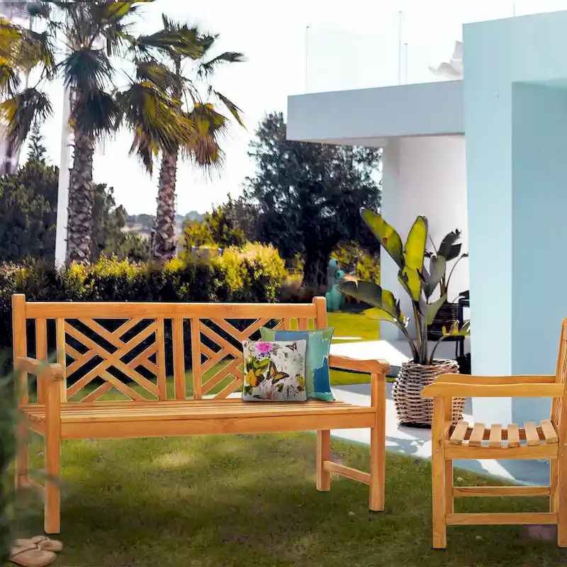 Chic Teak Chippendale Outdoor Teak Wood Patio & Garden Double Bench