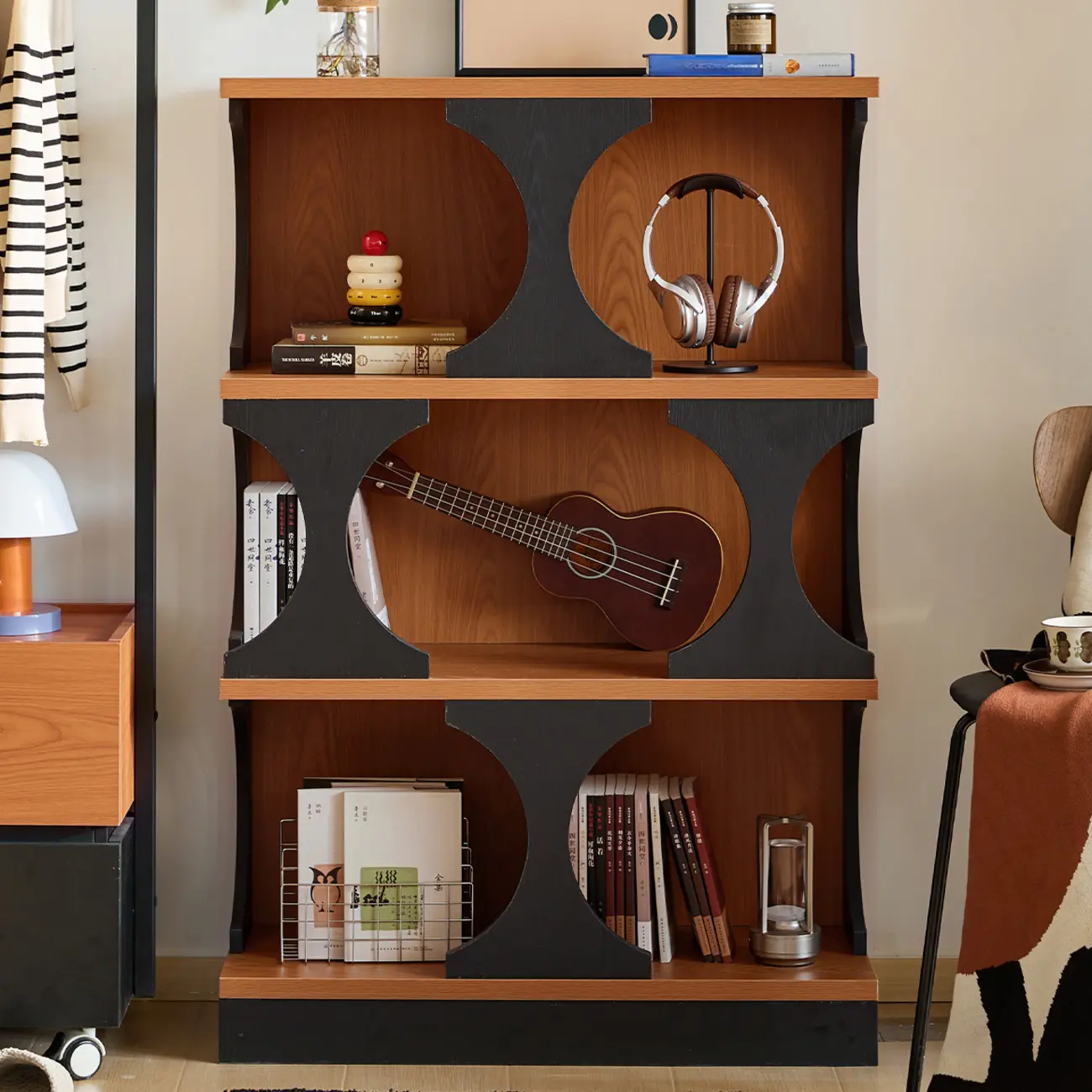3-Tiers Geometric Modern Rectangular Wood Bookcase Black