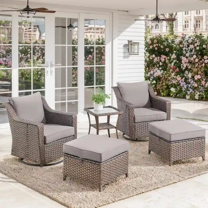 Swivel Rocking Chairs with Ottomans and Side Table - Brown