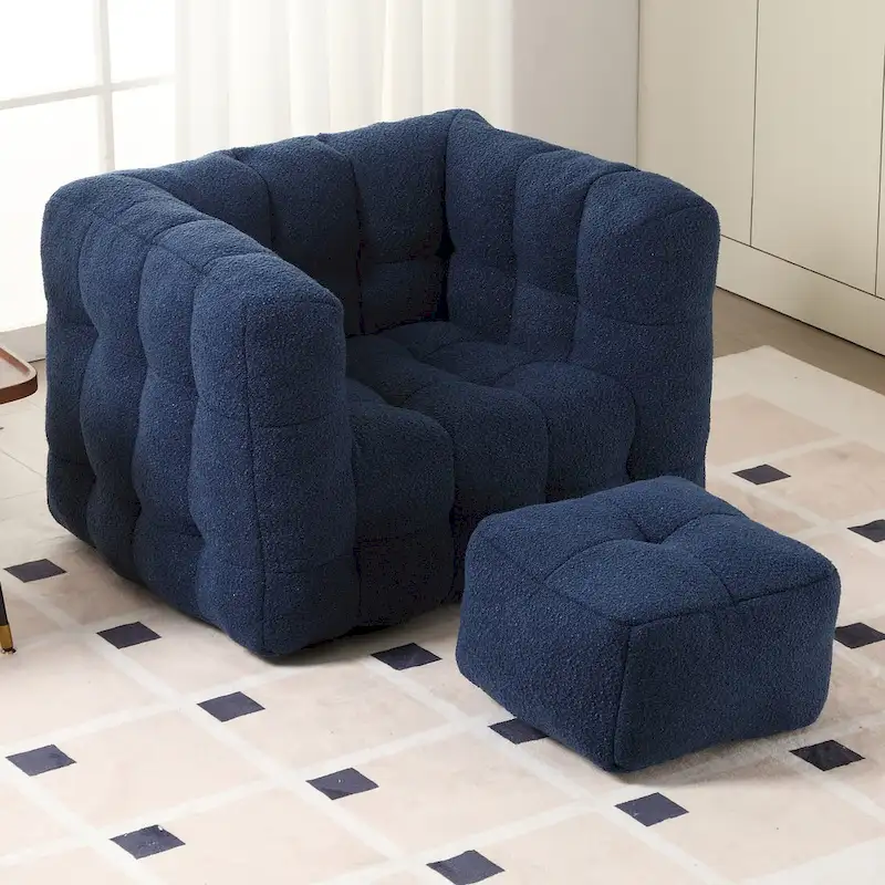 HOMEFUN Boucle Upholstered Tufted Modern Single Side Sofa Chair with Ottoman