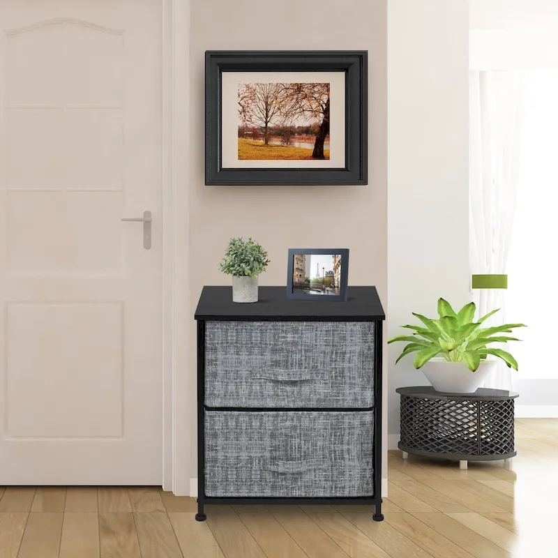 Black Nightstand with 2 Fabric Drawers and Wood Top