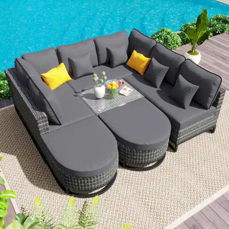 7-Piece Outdoor Wicker Sectional Sofa Set, All-Weather Patio Rattan Furniture Set with Coffee Table and Pillows