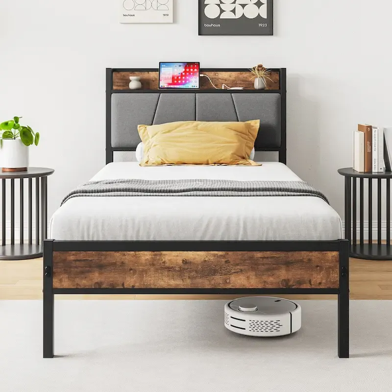 Black and Brown Twin Metal Bed Frame with Storage Headboard and Built-In Charging Station – 1-Person