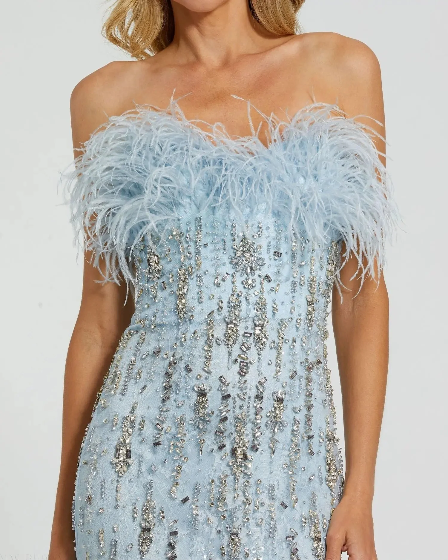Blue Feather Embellished Strapless Trumpet Gown